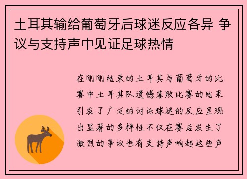 土耳其输给葡萄牙后球迷反应各异 争议与支持声中见证足球热情 土耳其输给葡萄牙后球迷反应各异 争议与支持声中见证足球热情