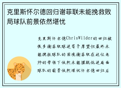 克里斯怀尔德回归谢菲联未能挽救败局球队前景依然堪忧